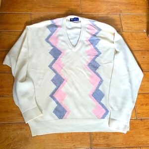 Burberry Vintage Lambswool V-Neck Cream Sweater Pink Grey Detail SIze XL